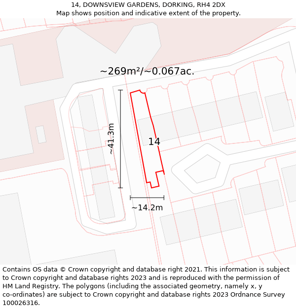 14, DOWNSVIEW GARDENS, DORKING, RH4 2DX: Plot and title map