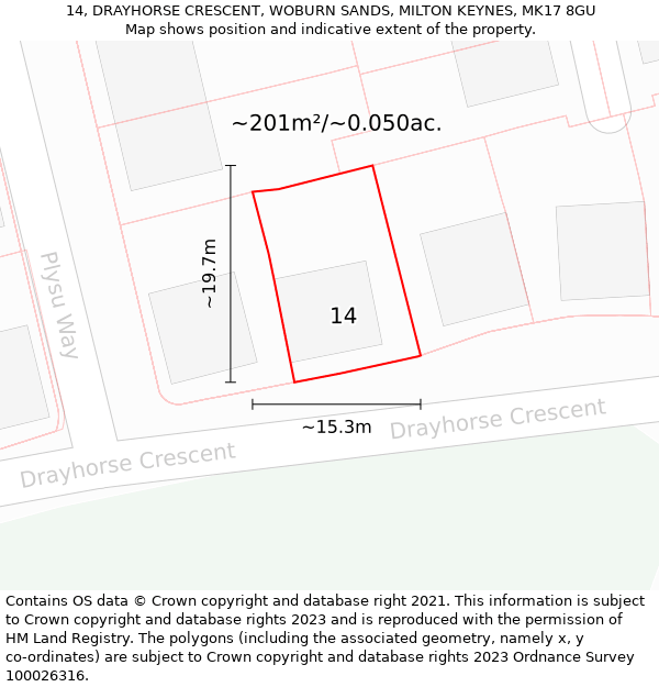 14, DRAYHORSE CRESCENT, WOBURN SANDS, MILTON KEYNES, MK17 8GU: Plot and title map