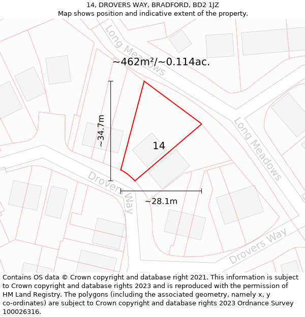 14, DROVERS WAY, BRADFORD, BD2 1JZ: Plot and title map