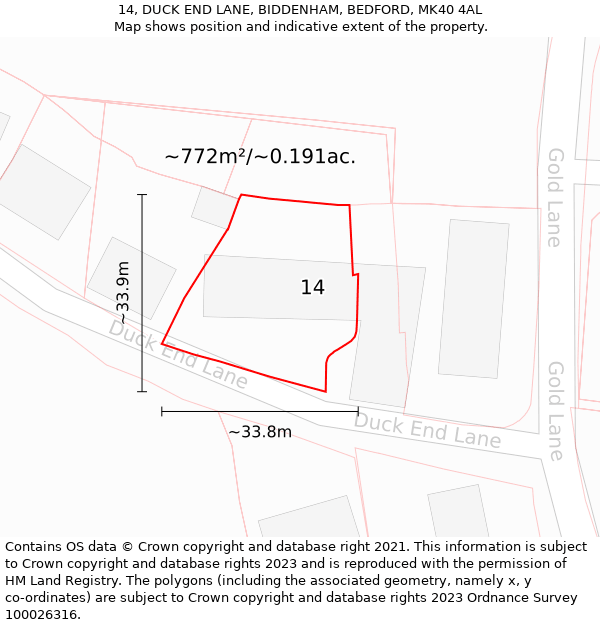 14, DUCK END LANE, BIDDENHAM, BEDFORD, MK40 4AL: Plot and title map