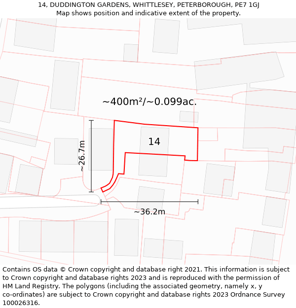 14, DUDDINGTON GARDENS, WHITTLESEY, PETERBOROUGH, PE7 1GJ: Plot and title map