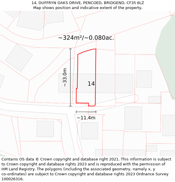 14, DUFFRYN OAKS DRIVE, PENCOED, BRIDGEND, CF35 6LZ: Plot and title map