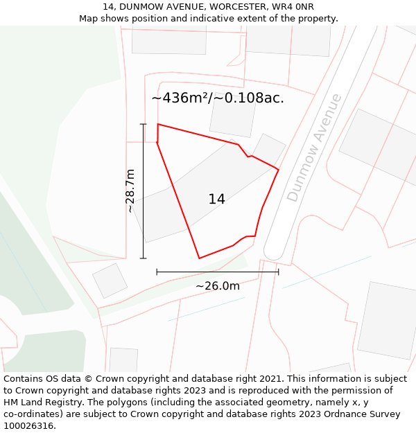 14, DUNMOW AVENUE, WORCESTER, WR4 0NR: Plot and title map