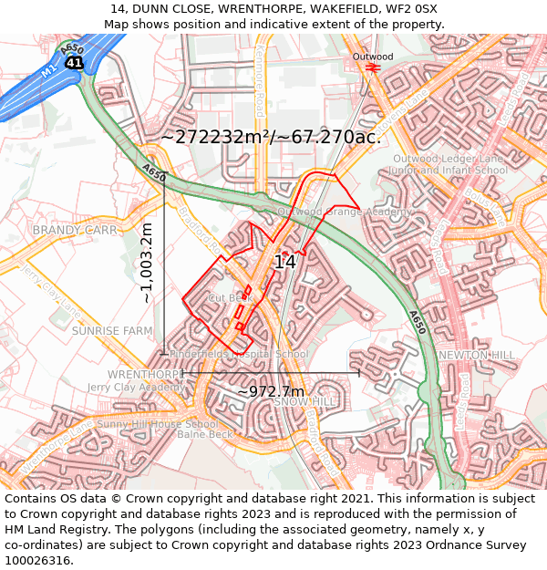 14, DUNN CLOSE, WRENTHORPE, WAKEFIELD, WF2 0SX: Plot and title map