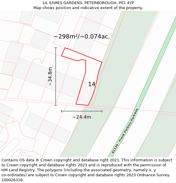 14, EAMES GARDENS, PETERBOROUGH, PE1 4YP: Plot and title map