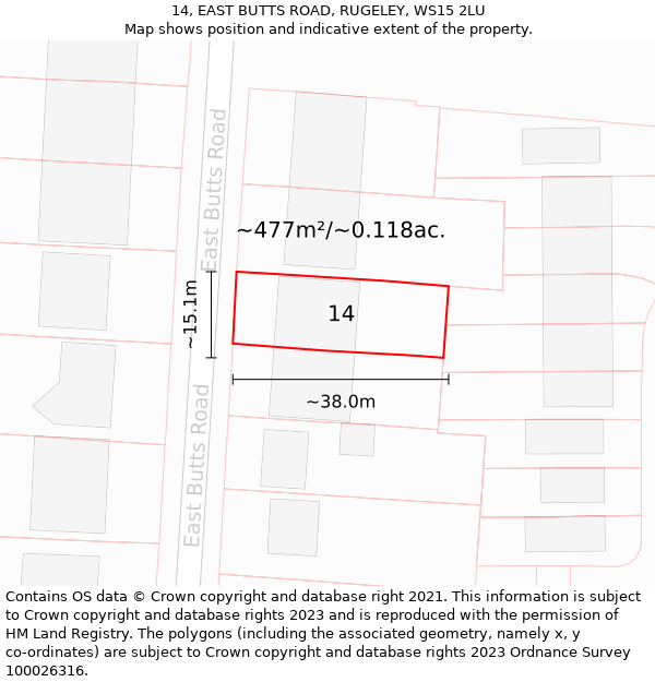 14, EAST BUTTS ROAD, RUGELEY, WS15 2LU: Plot and title map