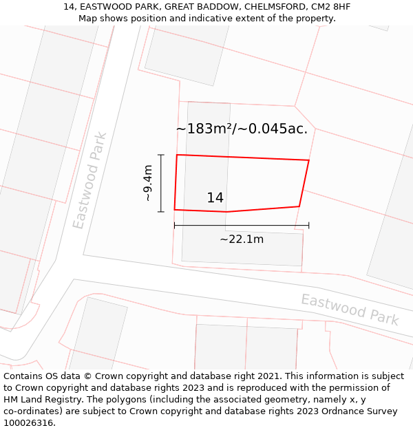 14, EASTWOOD PARK, GREAT BADDOW, CHELMSFORD, CM2 8HF: Plot and title map