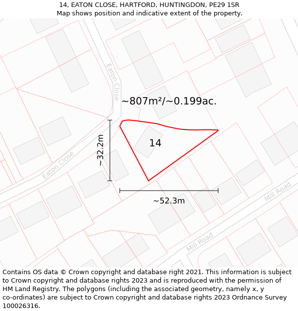 14, EATON CLOSE, HARTFORD, HUNTINGDON, PE29 1SR: Plot and title map