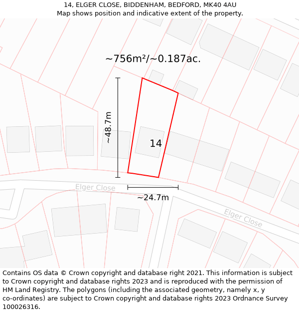 14, ELGER CLOSE, BIDDENHAM, BEDFORD, MK40 4AU: Plot and title map