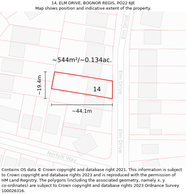 14, ELM DRIVE, BOGNOR REGIS, PO22 6JE: Plot and title map