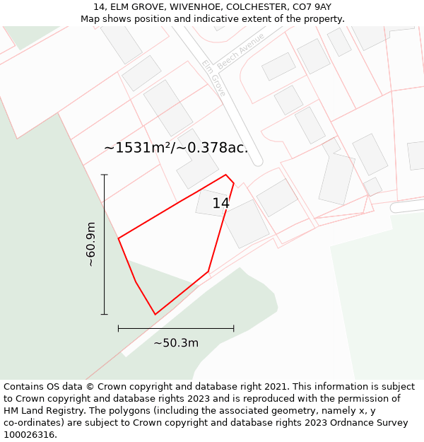 14, ELM GROVE, WIVENHOE, COLCHESTER, CO7 9AY: Plot and title map