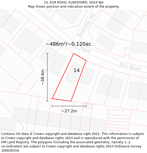 14, ELM ROAD, ALRESFORD, SO24 9JX: Plot and title map