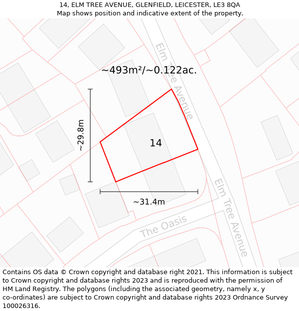 14, ELM TREE AVENUE, GLENFIELD, LEICESTER, LE3 8QA: Plot and title map
