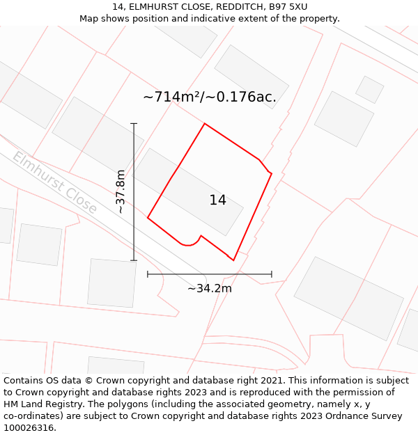 14, ELMHURST CLOSE, REDDITCH, B97 5XU: Plot and title map