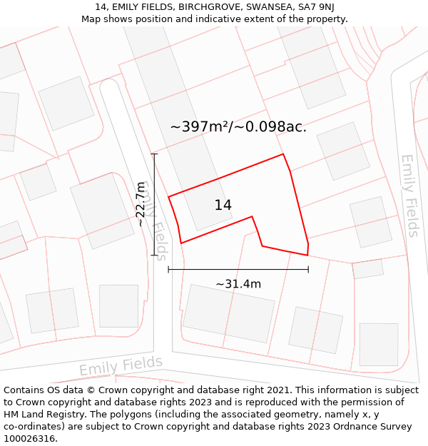 14, EMILY FIELDS, BIRCHGROVE, SWANSEA, SA7 9NJ: Plot and title map