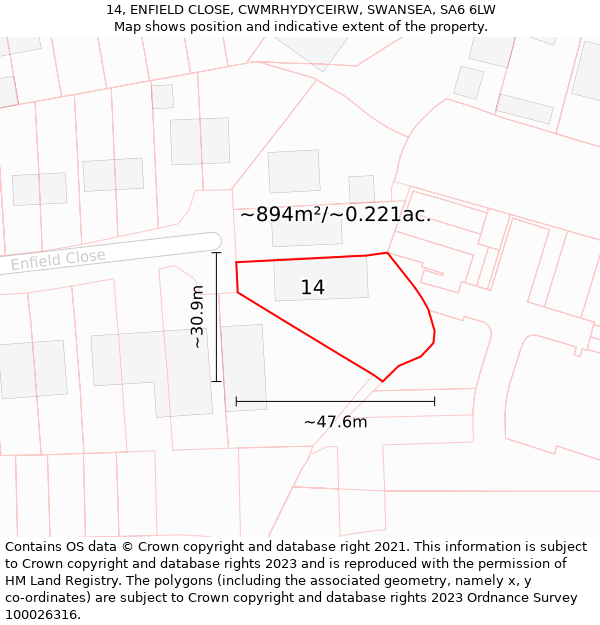 14, ENFIELD CLOSE, CWMRHYDYCEIRW, SWANSEA, SA6 6LW: Plot and title map