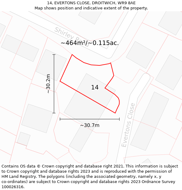 14, EVERTONS CLOSE, DROITWICH, WR9 8AE: Plot and title map