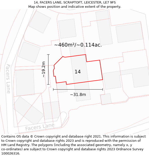 14, FACERS LANE, SCRAPTOFT, LEICESTER, LE7 9FS: Plot and title map