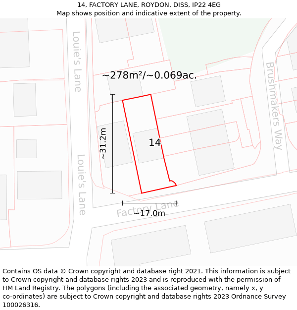 14, FACTORY LANE, ROYDON, DISS, IP22 4EG: Plot and title map