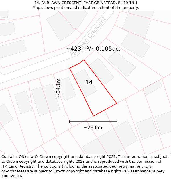 14, FAIRLAWN CRESCENT, EAST GRINSTEAD, RH19 1NU: Plot and title map