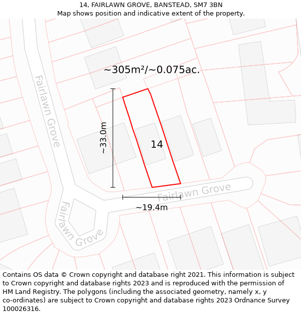 14, FAIRLAWN GROVE, BANSTEAD, SM7 3BN: Plot and title map