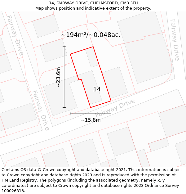 14, FAIRWAY DRIVE, CHELMSFORD, CM3 3FH: Plot and title map