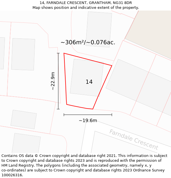 14, FARNDALE CRESCENT, GRANTHAM, NG31 8DR: Plot and title map