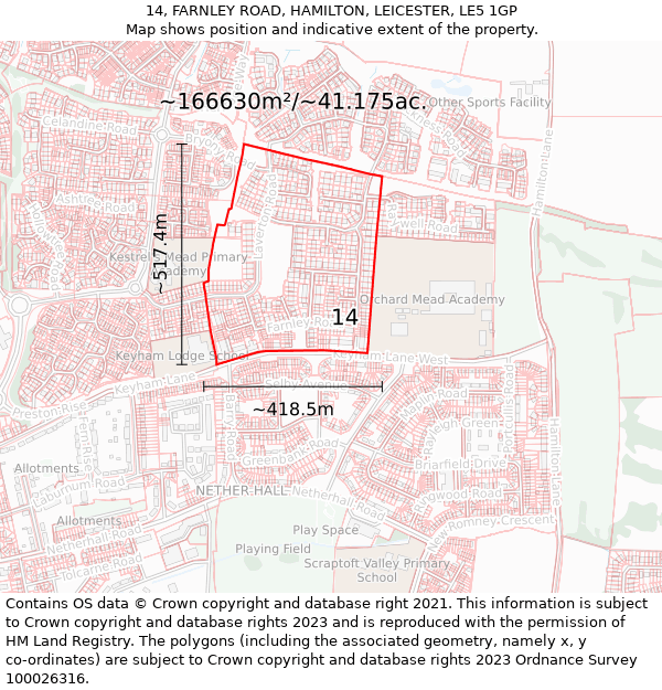 14, FARNLEY ROAD, HAMILTON, LEICESTER, LE5 1GP: Plot and title map