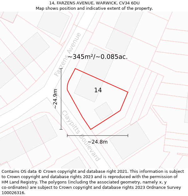 14, FARZENS AVENUE, WARWICK, CV34 6DU: Plot and title map