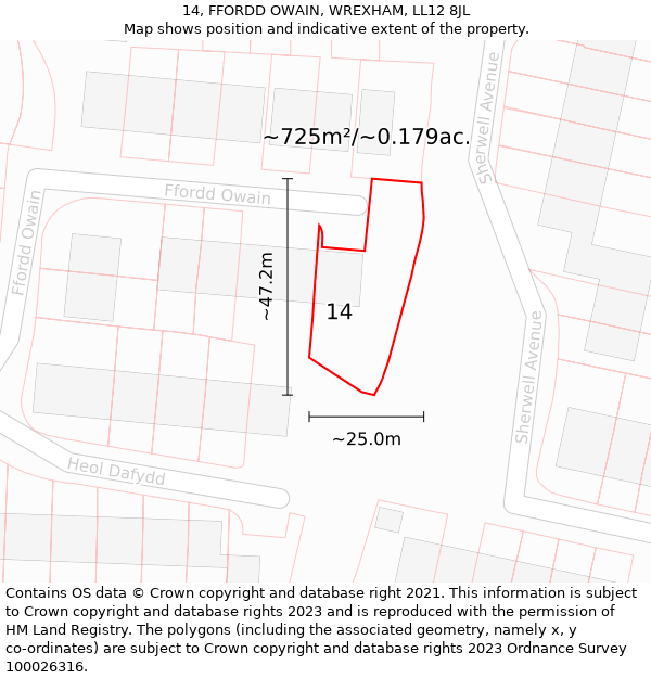 14, FFORDD OWAIN, WREXHAM, LL12 8JL: Plot and title map