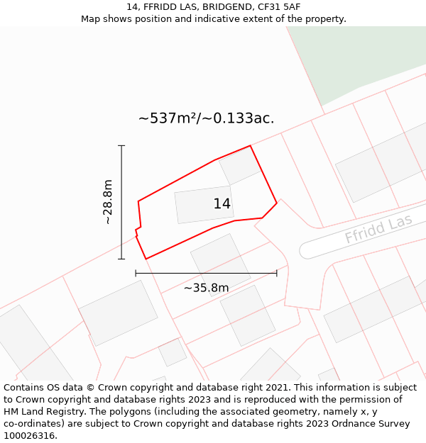 14, FFRIDD LAS, BRIDGEND, CF31 5AF: Plot and title map