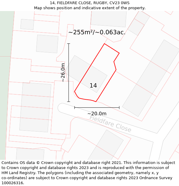 14, FIELDFARE CLOSE, RUGBY, CV23 0WS: Plot and title map