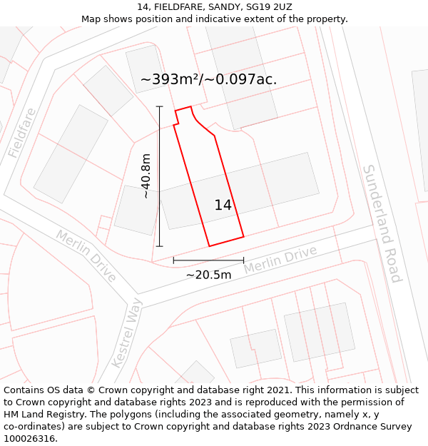 14, FIELDFARE, SANDY, SG19 2UZ: Plot and title map