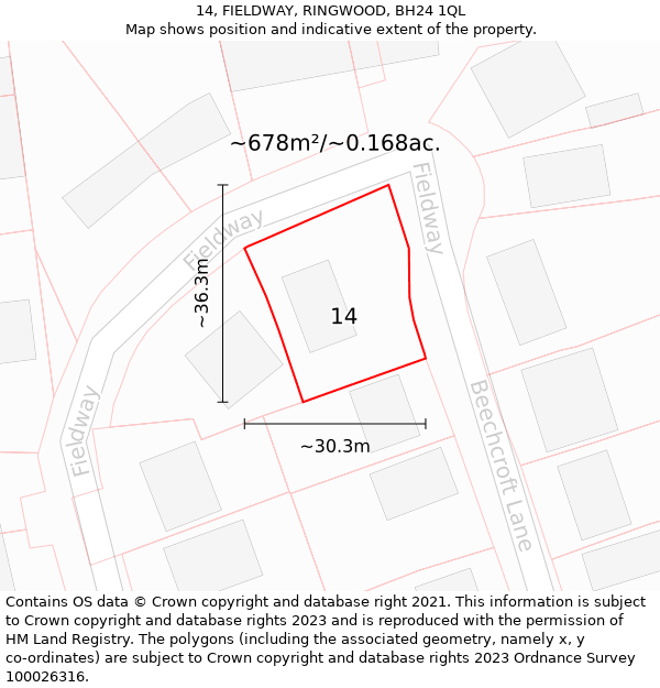 14, FIELDWAY, RINGWOOD, BH24 1QL: Plot and title map