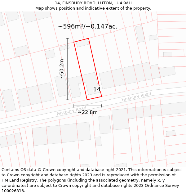 14, FINSBURY ROAD, LUTON, LU4 9AH: Plot and title map