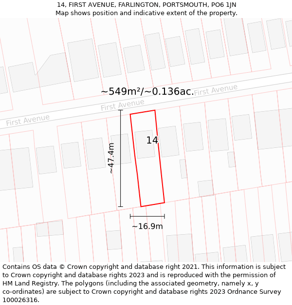 14, FIRST AVENUE, FARLINGTON, PORTSMOUTH, PO6 1JN: Plot and title map