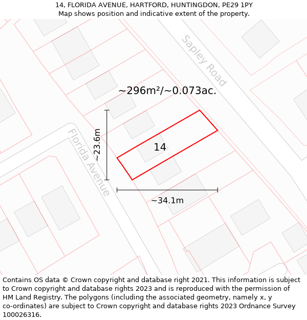 14, FLORIDA AVENUE, HARTFORD, HUNTINGDON, PE29 1PY: Plot and title map