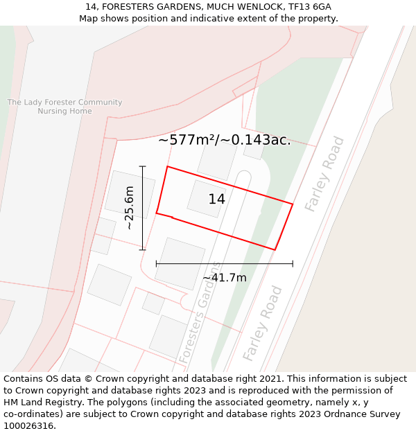 14, FORESTERS GARDENS, MUCH WENLOCK, TF13 6GA: Plot and title map