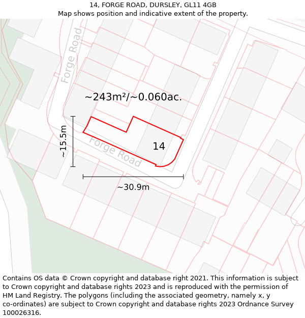 14, FORGE ROAD, DURSLEY, GL11 4GB: Plot and title map