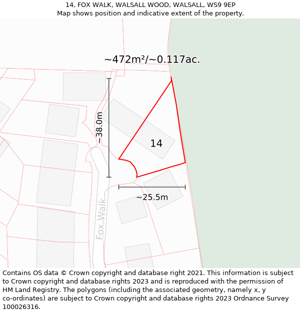 14, FOX WALK, WALSALL WOOD, WALSALL, WS9 9EP: Plot and title map