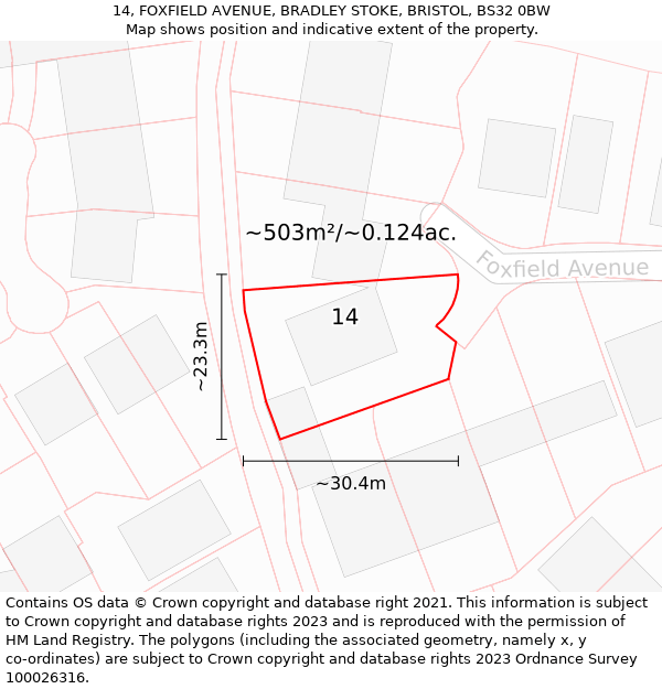 14, FOXFIELD AVENUE, BRADLEY STOKE, BRISTOL, BS32 0BW: Plot and title map