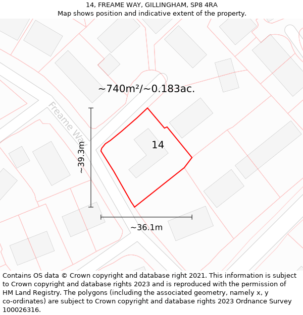 14, FREAME WAY, GILLINGHAM, SP8 4RA: Plot and title map