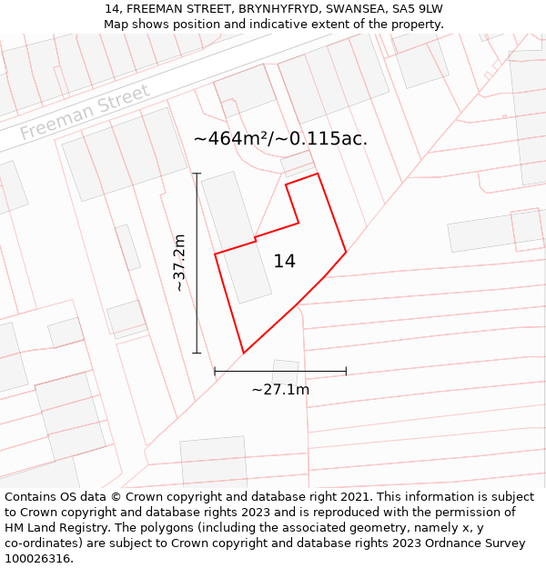 14, FREEMAN STREET, BRYNHYFRYD, SWANSEA, SA5 9LW: Plot and title map