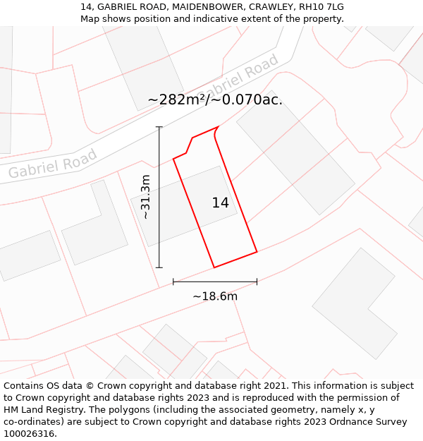 14, GABRIEL ROAD, MAIDENBOWER, CRAWLEY, RH10 7LG: Plot and title map