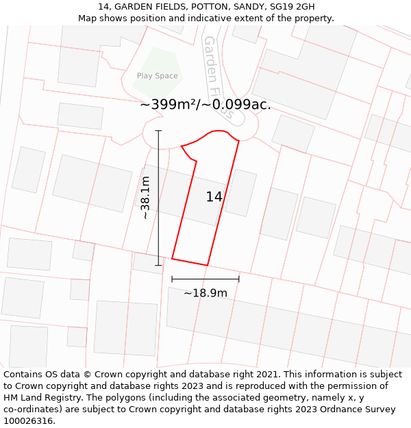 14, GARDEN FIELDS, POTTON, SANDY, SG19 2GH: Plot and title map