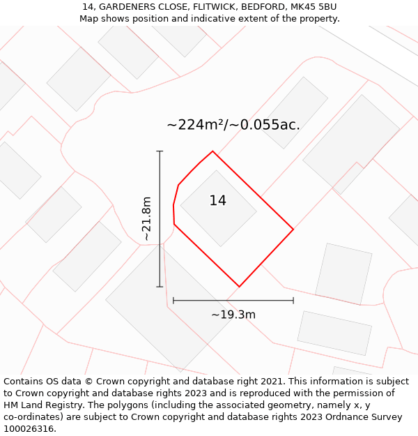 14, GARDENERS CLOSE, FLITWICK, BEDFORD, MK45 5BU: Plot and title map