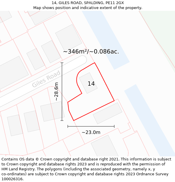 14, GILES ROAD, SPALDING, PE11 2GX: Plot and title map