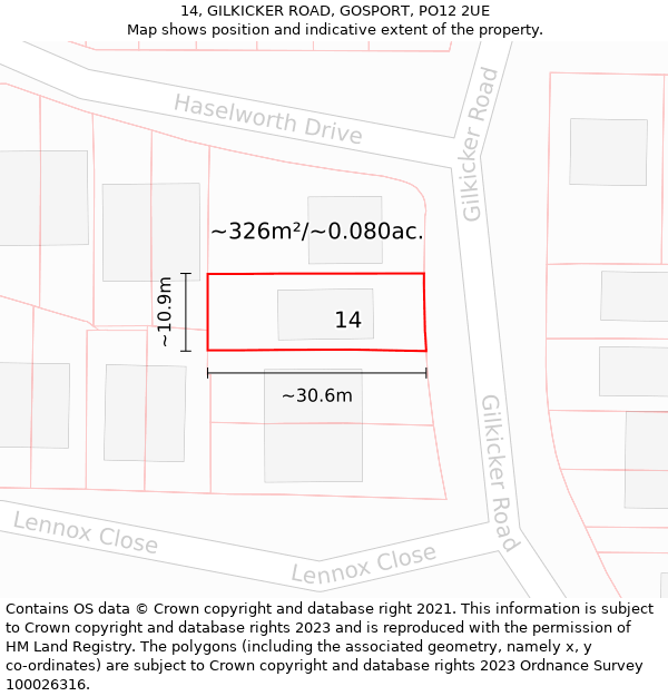 14, GILKICKER ROAD, GOSPORT, PO12 2UE: Plot and title map