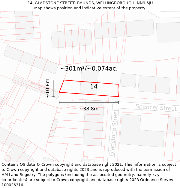 14, GLADSTONE STREET, RAUNDS, WELLINGBOROUGH, NN9 6JU: Plot and title map