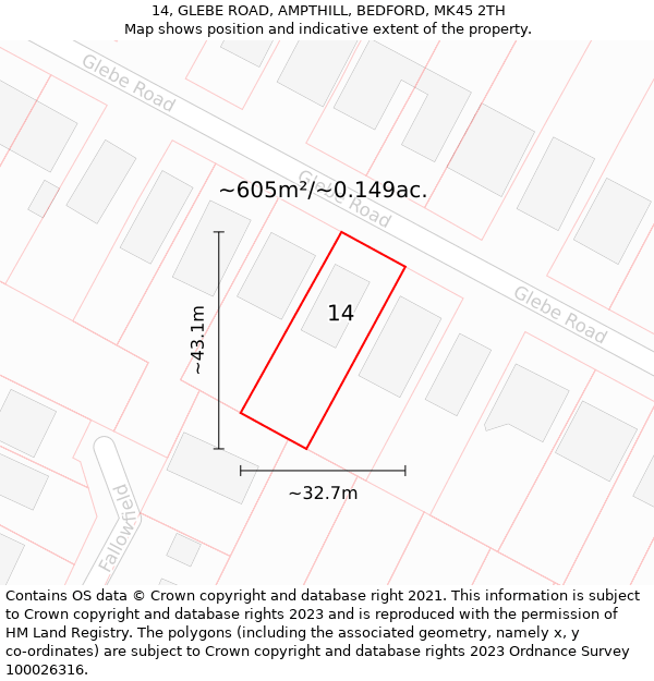 14, GLEBE ROAD, AMPTHILL, BEDFORD, MK45 2TH: Plot and title map